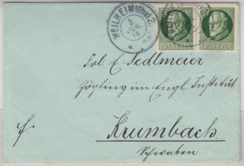 Bayern - 2x5 Pfg. Ludwig/Frieden, Damenbriefchen Weilheim 2 - Krumbach 1914