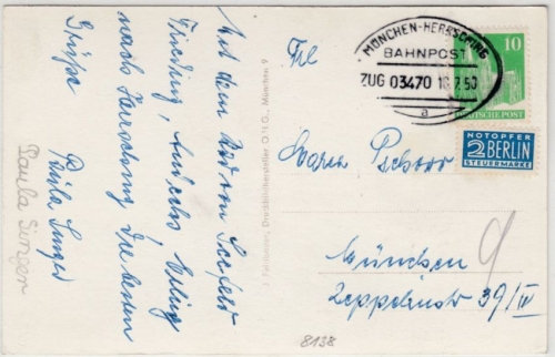 Bizone - München-Herrsching Bahnpost Zug 03470, Karte n. Andechs n. München 1950