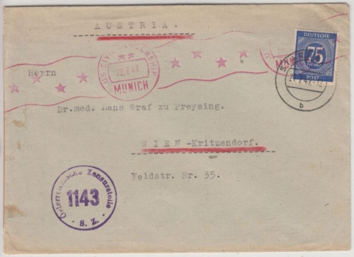 All.Bes. - 75 Pfg. Ziffer, Brief n. ÖSTERREICH, Doppelzensur, Starnberg 1947 n.