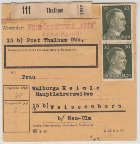 DR - 2x30 Pfg. AH, Paketkarte Thalham - Weissenhorn 17.3.45, spätes Datum