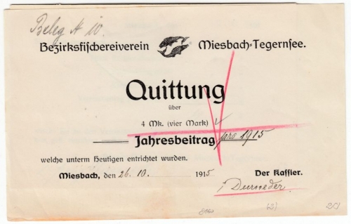 Bayern - Miesbach, Quittung d. Bezirks-Fischereivereins Miesbach-Tegernsee 1915