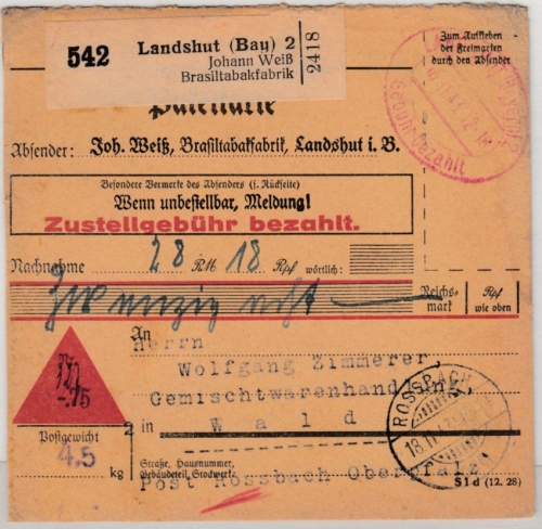 DR - Landshut 1943 Gebühr bezahlt, Nachnahme-Paketkarte/Selbstbucher n. Wald