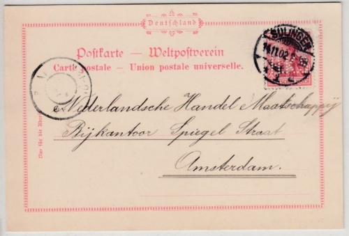 DR - 10 Pfg. Germania, Perfin "HKS", Karte n. HOLLAND, Solingen - Amsterdam 1902