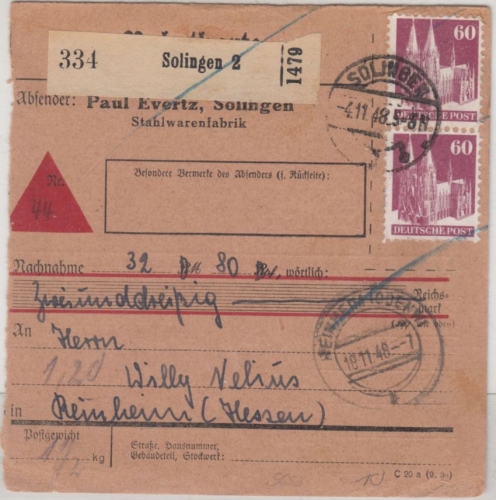 Bizone - 2x60 Pfg. Bauten, Nachnahme-Paketkarte Solingen 2 - Reinheim 1948