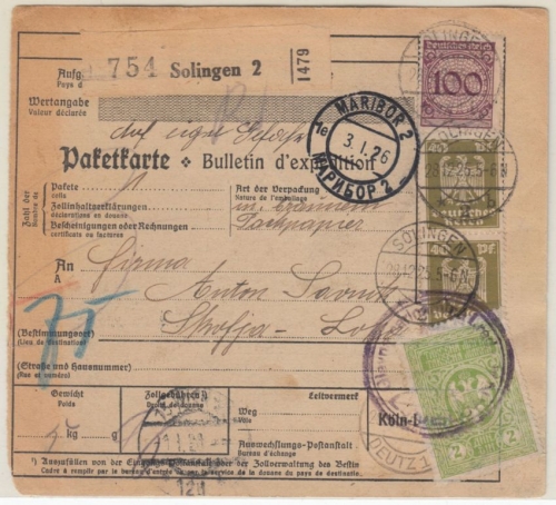 DR - 100 Pfg. Korbdeckel u.a., Paketkarte n. JUGOSLAWIEN, Solingen - Skofia Loka