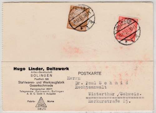 DR - 12+3 Pfg. Hindenburg/Perfin "HL", Karte i.d. SCHWEIZ, Solingen 1933 n.