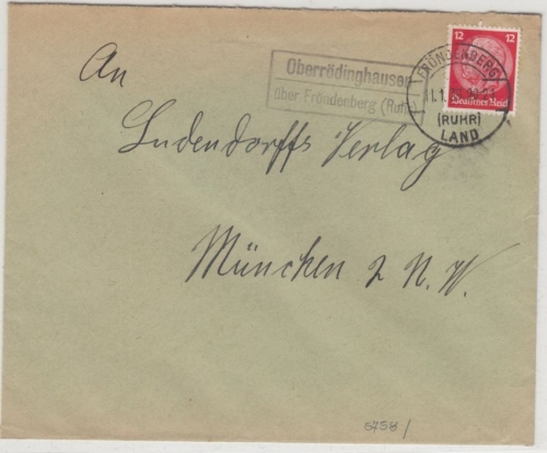DR - Oberrödinghausen ü. Fröndenberg (Ruhr) Landpost-Ra2 Brief n. München 1936