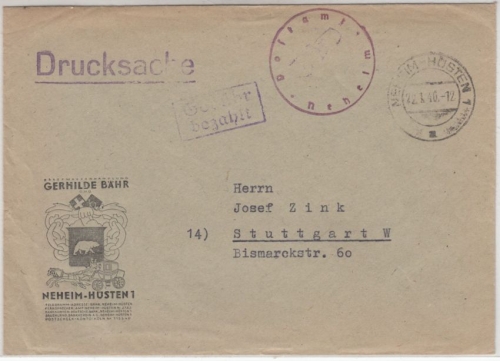 All.Bes. - Neheim-Hüsten 1 22.1.46 Gebühr bezahlt Ra2 a. Drucksache n. Stuttgart
