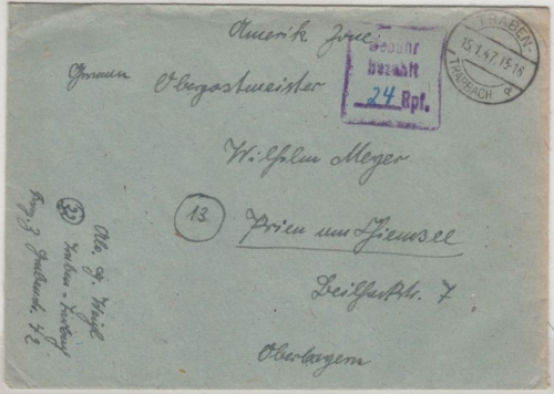 All.Bes. - Traben-Trabach 15.1.47, Gebühr bezahlt ...Rpf. Ra3 a. Brief n. Prien