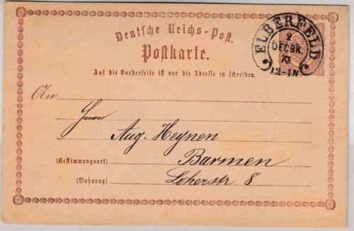 DR - Elberfeld 1873 Hufeisen-Stpl. 1/2 Gr. Brustschild-GA-Karte n. Barmen