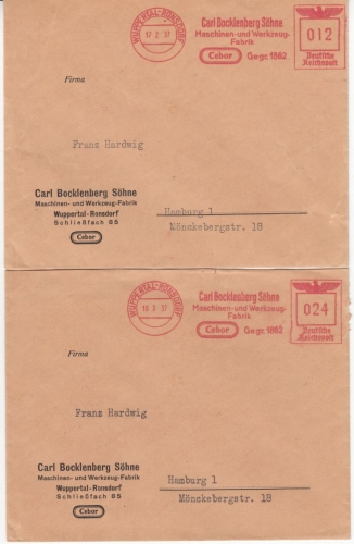 DR - Wuppertal-Ronsdorf 1937, 12+24 Pfg. AFS "Cebor", 2 Briefe n. Hamburg