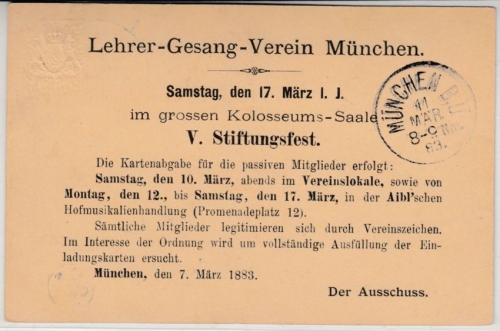 Bayern - 3 Pfg. Wappen GA-Karte/Ortskarte priv.Zudruck Lehrer-Gesang-Verein 1883