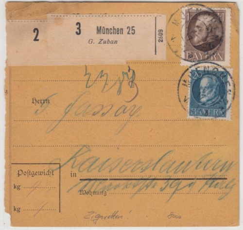 Bayern - 1 M. Ludwig u.a., Paketkarte/Selbstbucher Müncehn 25, 1917 n.