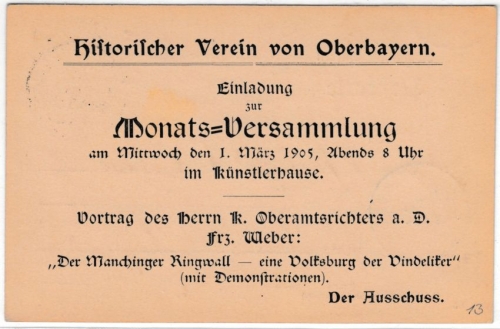 Bayern - München 1905, Hist. Verein f. Oberbayern, priv. Zudruck 2 Pfg. GA-Karte
