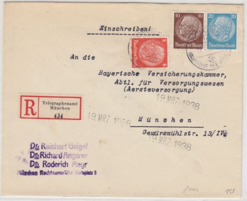 DR - 20+10+8 Pfg. Hindenburg, Orts-Einschreibebrief Telegraphenamt München 1928