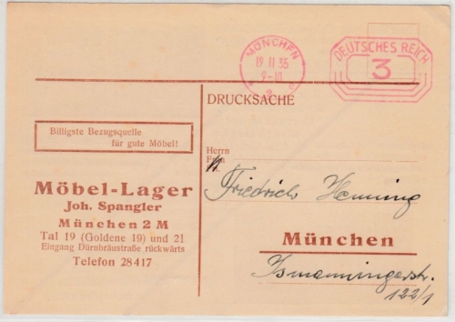 DR - 3 Pfg. Post-Freistempel, Firmen-Drucksachenkarte/Ortskarte München 1935