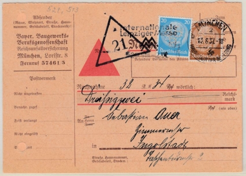 DR - 20+3 Pfg. Hindenburg/Perfin "BBB", Nachnahmekarte München - Ingolstadt 1937