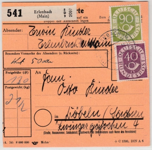 BRD - 90+40 Pfg. Posthorn, Paketkarte Erlenbach - Döbeln 1954
