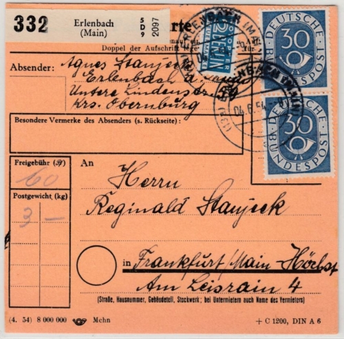 BRD - 2x30 Pfg. Posthorn, Paketkarte Erlenbach - Frankfurt a.M. 1954
