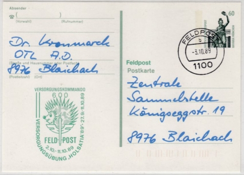 BRD - Bundeswehr Feldpost Holsatia 1989, GA-Karte m. Cachet Feldpost 1100 n.