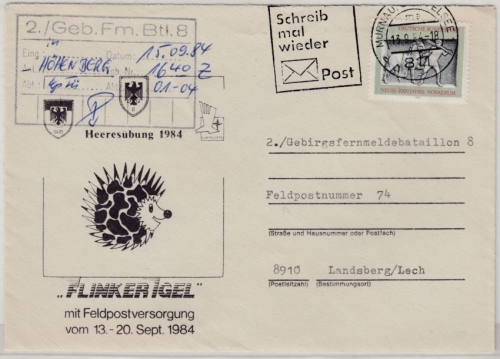 BRD - Bundeswehr Feldpost Flinker Igel, Brief Murnau 1984 n. Landsberg/FpNr. 74