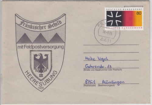 BRD - Bundeswehr Fränkischer Schild, Brief Feldpodt 4411 n. Mömlimgen 1986