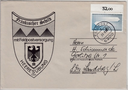 BRD - Bundeswehr Fränkischer Schild, Brief Feldpodt 6200 n. Landsberg 1986