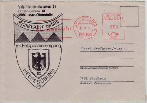 BRD - Bundeswehr Feldpost Fränkischer Schild Brief BW-AFS Idar-Oberstein 1986 n.