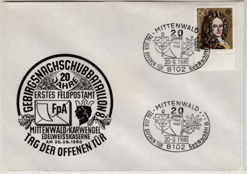 BRD - Bundeswehr 20 J. Erstes Feldpostamt Geb.NschBtl 8, SST Mittenwald 1980