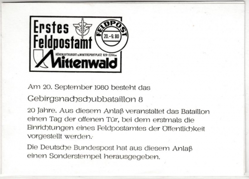 BRD - Bundeswehr Erstes Feldpostamt Mittenwald 1980, Klappkarte m. SST