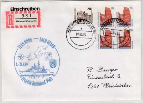 BRD - Bundeswehr Marineschiffspost 02, Einschreibebrief n. Pleiskirchen 1990