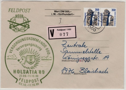 BRD - Bundeswehr Feldpost Holsatia'89, Wertbrief FP 1100 n. Blaichach