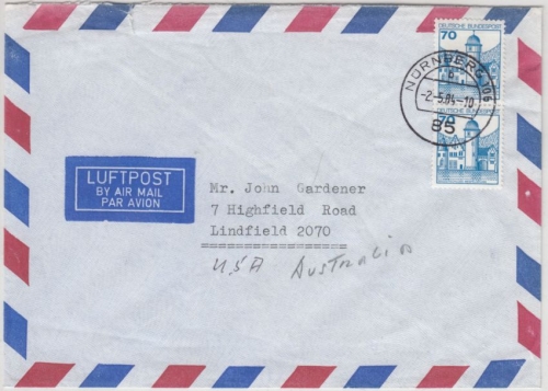 BRD - 2x70 Pfg. B&S, Lupo-Brief n. USA, Nürnberg - Lindfield 1984