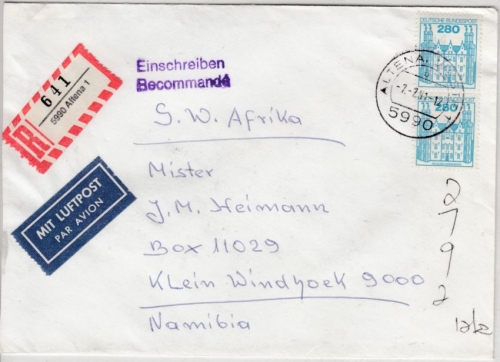 BRD - 2x280 Pfg. B&S, Lupo-Einschreibebrief n. NAMIBIA, Altena - Windhoek 1991