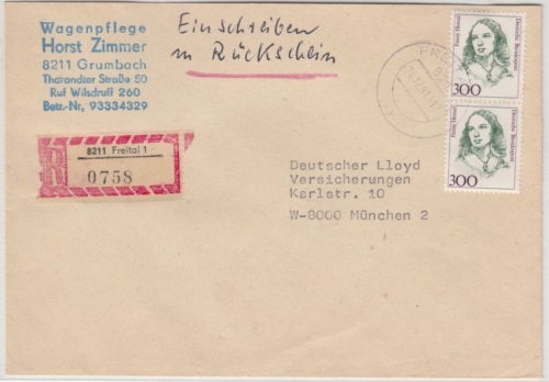 BRD - 2x300 Pfg. Frauen, Einschreibebrief/Rückschein Freital - München 1991