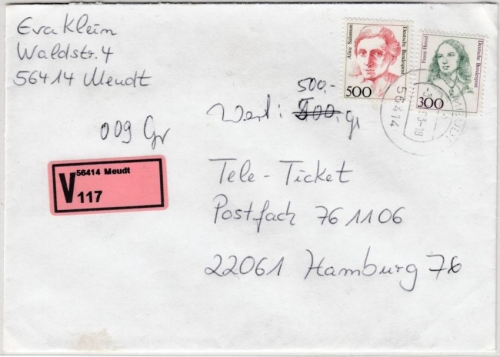 BRD - 500+300 Pfg. Frauen Wertbrief (Label !) Meudt - Hamburg 1993