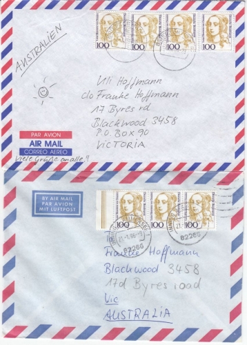 BRD - 100 Pfg. Frauen, 1x3/1x4 - 2 Lupo-Briefe n. AUSTRALIEN, 1996/98