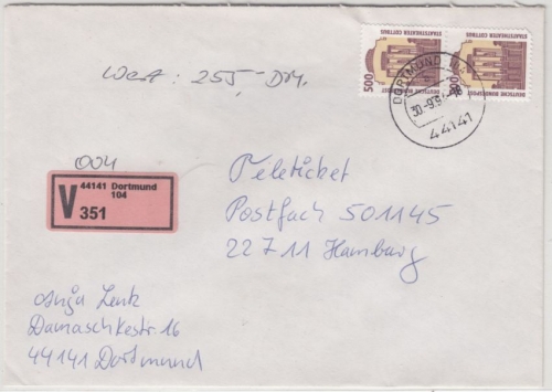 BRD - 2x500 Pfg. SWK, Wertbrief (Label !) Dortmund - Hamburg 1994