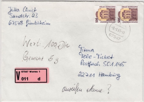 BRD - 2x500 Pfg. SWK, Wertbrief (Label !) Worms - Hamburg 1995