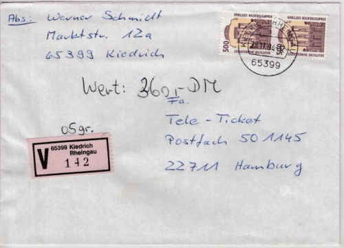 BRD - 2x500 Pfg. SWK, Wertbrief Kiedrich - Hamburg 1994