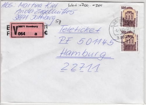 BRD - 2x500 Pfg. SWK, Wertbrief (Label !) Ilsenburg - Hamburg 1995