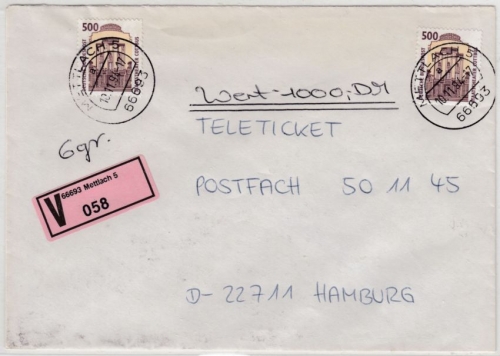 BRD - 2x500 Pfg. SWK, Wertbrief (Label !) Mettlach - Hamburg 1994