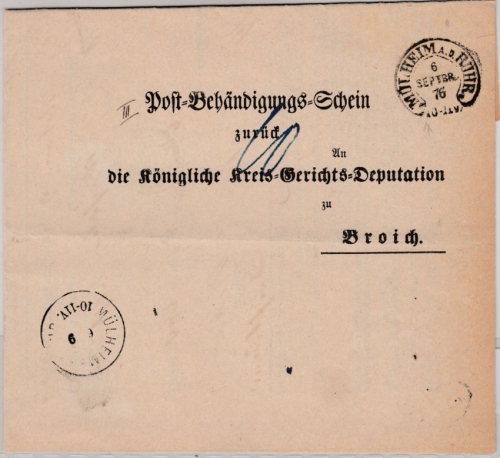 DR - Mülheim a.d. Ruhr 1876, Hufeisen-Stpl. a. Postbehändigungsschein n. Broich