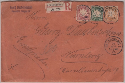 Bayern - 25+10+5 Pfg. Wappen, Einschreibebrief Regensburg - Nürnberg 1892