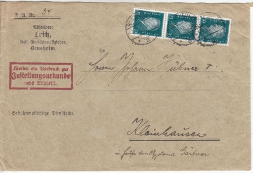 DR - 3x20 Pfg. Ebert, Zustellurkunde Bensheim - Kleinhausen 1930