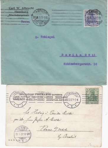 DR - Hamburg 1907/1919, 4 Belege m. versch. Maschinen-Stempeln