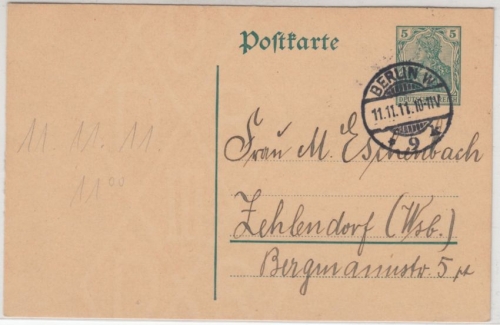 DR - Berlin W9, Schnapszahlen-Stempel 11.11.11 a. GA-Karte n. Zehlendorf