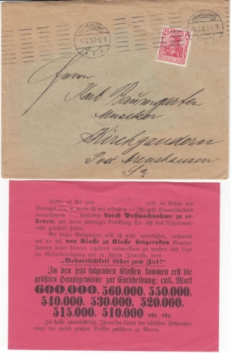 DR - Hamburg 1911, Brief m. Lotteriewerbung n. Kirchgaudern