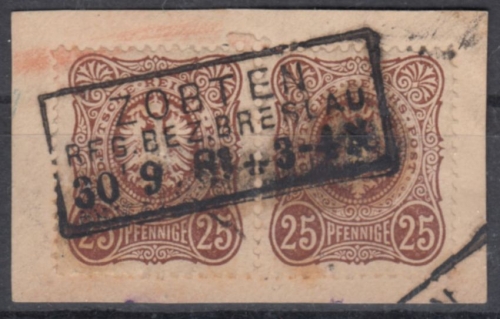 DR - 25 PfgE a-Farbe, waagr. Paar/Briefstück Ra3 Zobten Reg.Bez. Breslau 1881