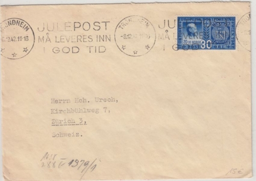 Norwegen - 30 Ö. Europäischer Postverein, Zensurbrief i.d. SCHWEIZ, Trondheim -